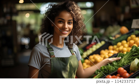 upbeat African American Woman Working in Vegetable Shop Food Shopping People Lifestyle AI Generated 114233717