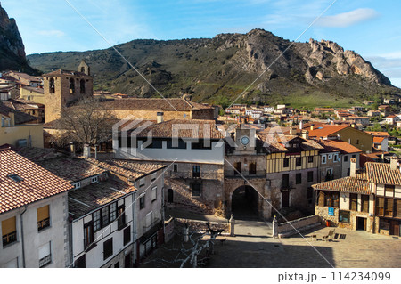 Aerial View of the medieval village of Poza de la Sal in Burgos, Castile and Leon, Spain.  114234099