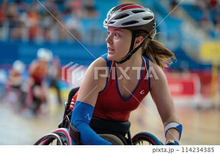 Female athlete in wheelchair race 114234385