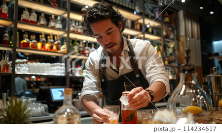Professional bartender mixes a drink with expertise in a modern bar setting 114234617