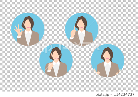 OK sign, fist pump, pointing, making a proposal, female business person/manager, icon style 114234737