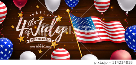 4th of July Independence Day of the USA Vector Illustration with American Flag Pattern Heart, Gold Star and Falling Confetti on Blue Background. Fourth of July National Celebration Design with 114234819