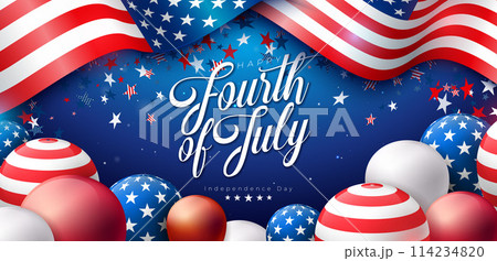 4th of July Independence Day of the USA Vector Illustration with American Flag Pattern Party Balloon and Falling Confetti on Dark Blue Background. Fourth of July National Celebration Design with 114234820