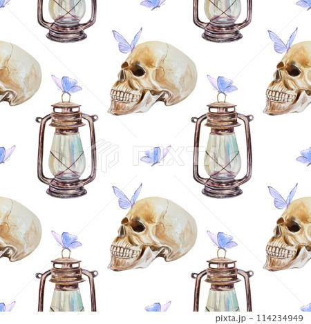 Human skull, antique lamp, moths. Seamless pattern. Watercolor illustration isolated on white background. Cards, wrapping paper, textiles, covers. Human skull, antique lamp, moths. Seamless pattern. Watercolor illustration isolated on white background. Cards, wrapping paper, textiles, covers. 114234949