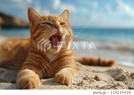 A surprise orange cat, yawing feline at beach, on sand 114235439