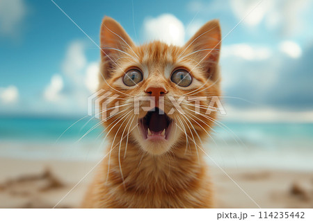 A surprise orange cat, yawing feline at beach, on sand 114235442