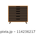 Chest of drawers, bedside table set vector. Wooden textures. Cartoon house equipment for interior. Illustration of furniture isolated 114236217