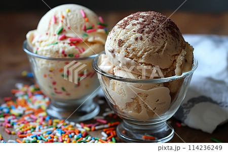 four scoops of strawberry ice cream on a white background. four scoops of strawberry ice cream on a white background. 114236249