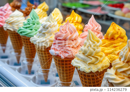 Variety of ice cream flavors in cones with toppings Variety of ice cream flavors in cones with toppings 114236279