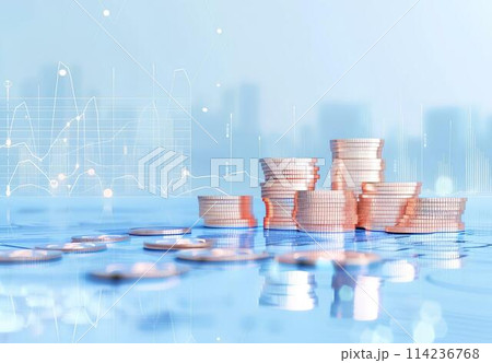 Double exposure of coin stack with financial graph and city background with light and bokeh. Investment and saving concept. Double exposure of coin stack with financial graph and city background with light and bokeh. Investment and saving concept. 114236768