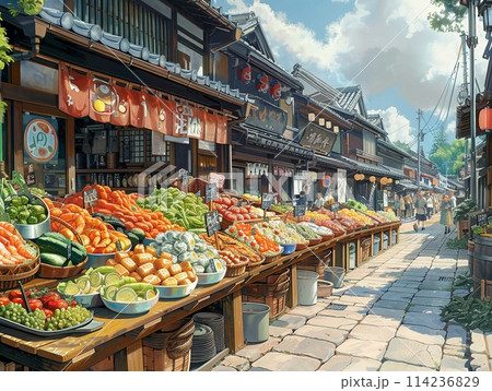 Food market bustling with anime characters Food market bustling with anime characters 114236829