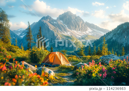Camping in mountains at sunny day. AI content 114236983