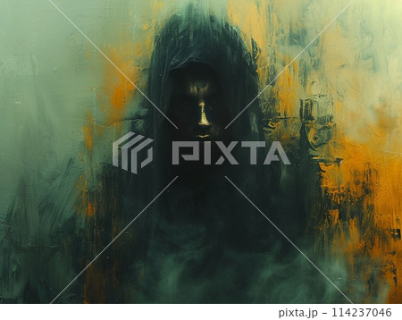 Digital art portrait of a mysterious figure cloaked in shadows 114237046