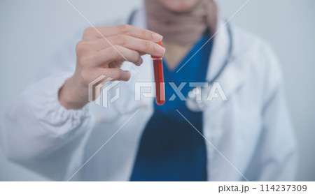 Technician, doctor, scientist in laboratory with blood sample tubes and rack In the laboratory holding a blood vessel sample for study, experiment, medical research biotechnology DNA testing. Technician, doctor, scientist in laboratory with blood sample tubes and rack In the laboratory holding a blood vessel sample for study, experiment, medical research biotechnology DNA testing. 114237309