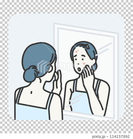 woman looking at pimple on her face in mirror woman looking at pimple on her face in mirror 114237892