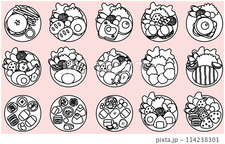 ワンプレートの食べ物イラストセット（白黒） 114238301