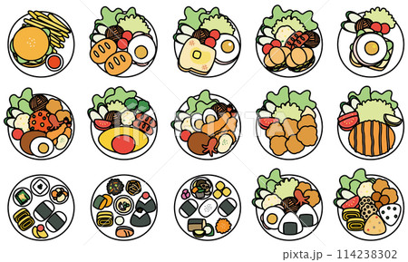 ワンプレートの食べ物イラストセット(縁ありカラー) ワンプレートの食べ物イラストセット(縁ありカラー) 114238302