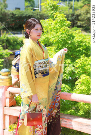 イエロー系柄の振袖を着た成人女性、和装ロケーション撮影、成人式 イエロー系柄の振袖を着た成人女性、和装ロケーション撮影、成人式 114238938