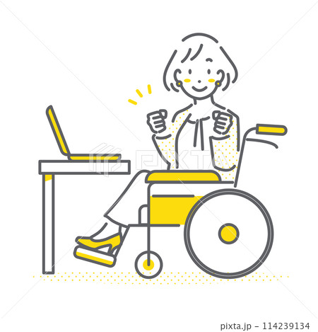 笑顔で働く車椅子の女性　シンプルでお洒落な線画イラスト 114239134