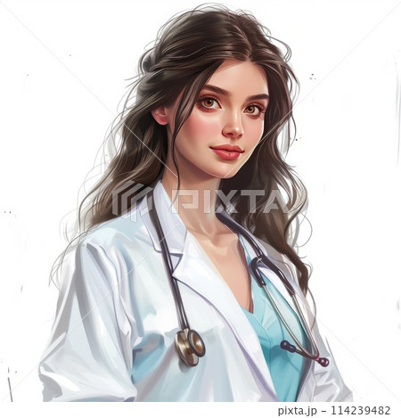 Medical girl in a white coat with a stethoscope 114239482