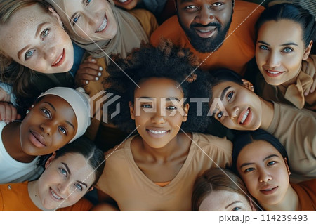 Multiethnic large group of standing people looking at camera, top view 114239493