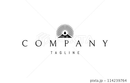 A vector logo with an abstract image of a mountain with a drop above it against the backdrop of the sun. 114239764