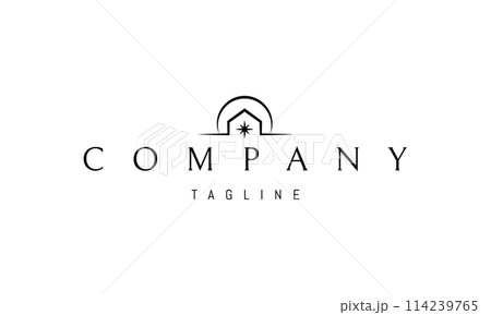 A vector logo with an abstract image of a house with a star against a background of sunrise. 114239765