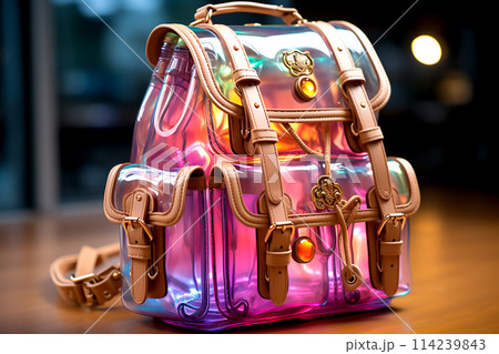 Neon backpack with leather straps on dark background 114239843