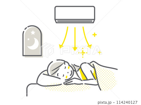 エアコンを活用して快適に眠る女性　シンプルでお洒落な線画イラスト 114240127