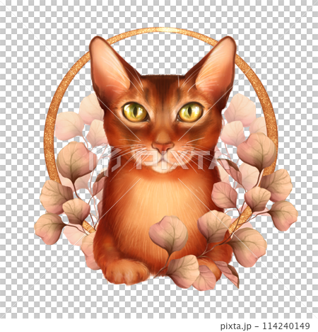 Cute ginger cat with autumn leaves. Fall animal illustration Cute ginger cat with autumn leaves. Fall animal illustration 114240149