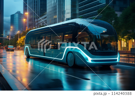 Autonomous self driving bus shuttle on a city street. 114240388