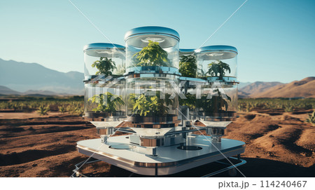 Close up of plants in the small container with water. Growing plants in nutrient fortified water in the desert. Hydroponic technology 114240467