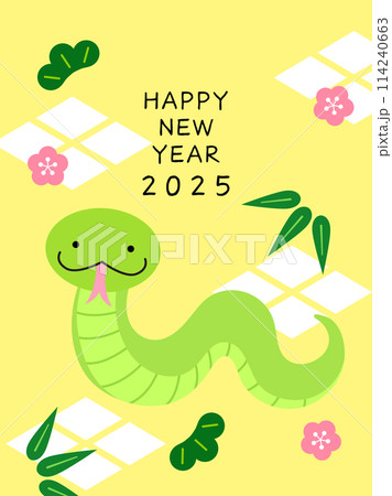 New year 2025 cute snake with pine bamboo and plum blossom. New year 2025 cute snake with pine bamboo and plum blossom. 114240663