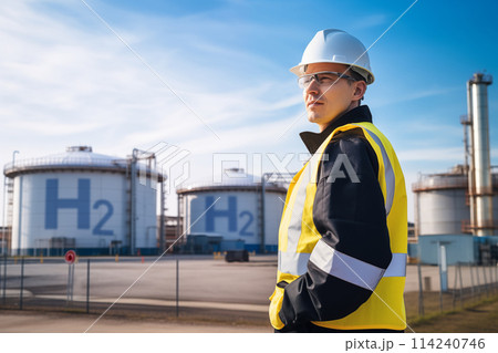 Engineer in helmet on a background of Hydrogen factory 114240746