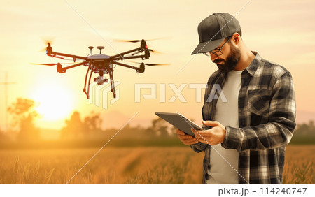 Farmer controls drone with a tablet. Smart farming and precision agriculture. 114240747