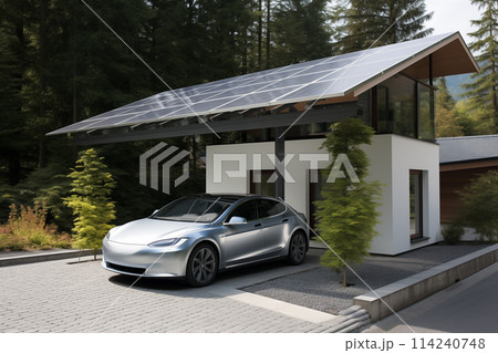 Electric car is charged from a charging station that takes energy from solar panels. 114240748