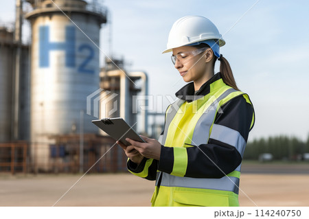 Female engineer with tablet computer on a background of Hydrogen factory.. 114240750