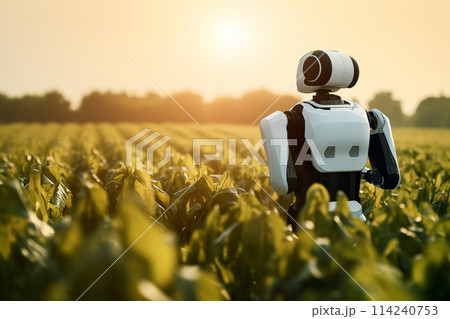 Robot farmer on an agricultural wheat field. Smart farming concept. 114240753
