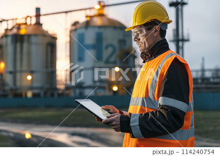 Engineer with tablet computer on a background of Hydrogen factory. 114240754