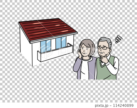 Illustration of an elderly couple having trouble with peeling paint on their roof 114240899