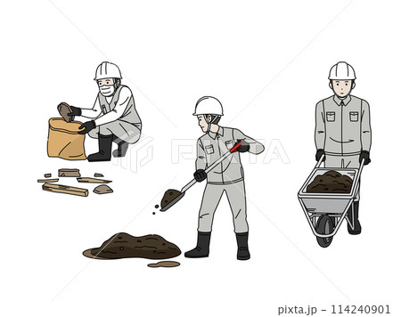 土木工事　瓦礫や泥を撤去する土木作業員の男性のイラスト 114240901