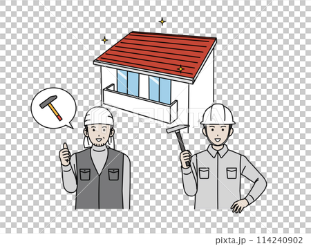 Illustration of a male carpenter building a house and repairing the roof 114240902
