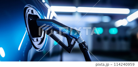 Close up of fuel cell car with connected hydrogen fueling nozzle 114240959