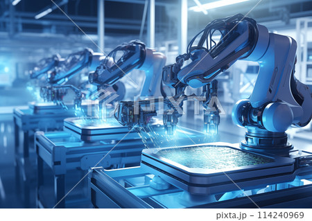 Smart factory concept. Robotic arms are processing metal 114240969