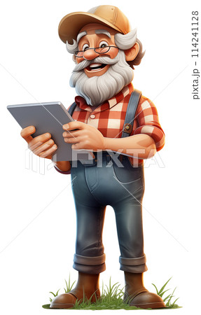 Isolated cartoon farmer with a laptop. 114241128