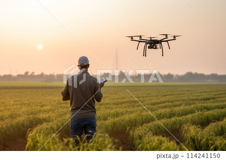 Farmer controls drone with a tablet. Smart farming and precision agriculture.. Farmer controls drone with a tablet. Smart farming and precision agriculture.. 114241150