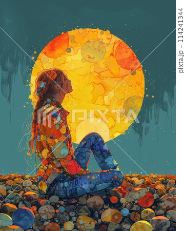 A Man is meditating and sun. Mosaic Art Print. Building yourself from pieces, yoga concept. A Man is meditating and sun. Mosaic Art Print. Building yourself from pieces, yoga concept. 114241344