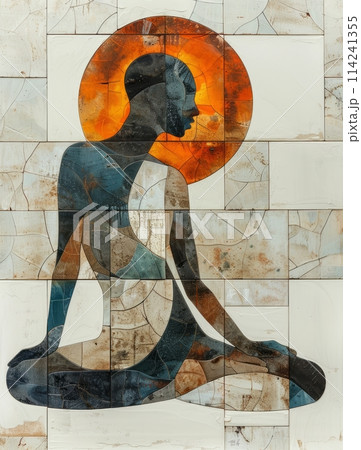 A Man is meditating and sun. Mosaic Art Print. Building yourself from pieces, yoga concept. A Man is meditating and sun. Mosaic Art Print. Building yourself from pieces, yoga concept. 114241355