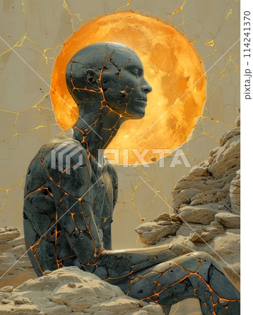 A Man is meditating and sun. Mosaic Art Print. Building yourself from pieces, yoga concept. A Man is meditating and sun. Mosaic Art Print. Building yourself from pieces, yoga concept. 114241370