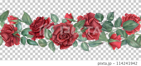 Border with red roses. Ruby flowers and green leaves. Intertwining rose stems with buds. Blooming summer plants. Seamless ornate. Watercolor illustration for wedding design, memorial day decor 114241942
